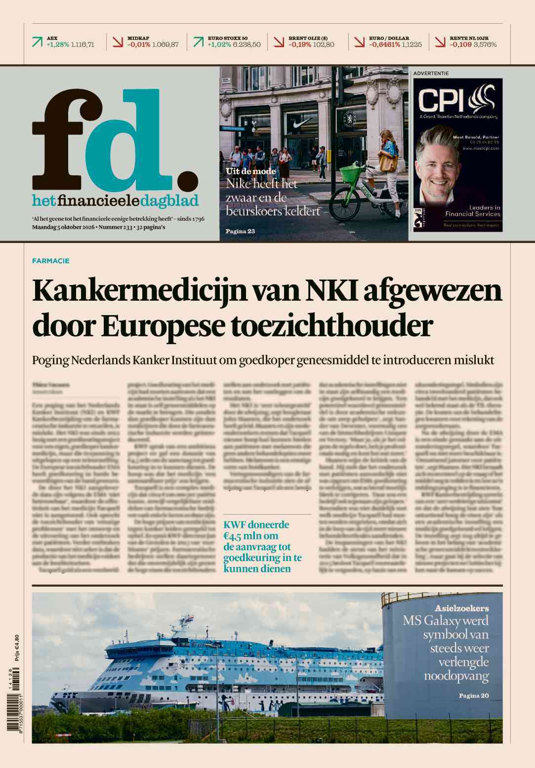 Portada de Het Financieele Dagblad del 5 de octubre de 2026. Titular: Medicamento anticancerígeno del NKI rechazado por la autoridad reguladora europea.